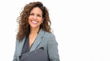 A smiling business woman holding a folder photo