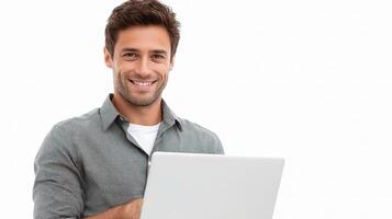 A smiling man holding a laptop photo