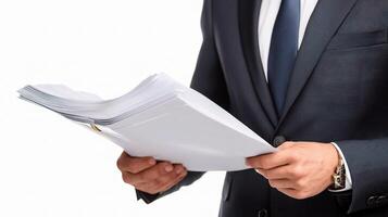 A man in a suit holding a stack of papers photo