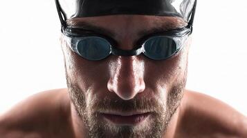 A man wearing goggles and swimming cap photo