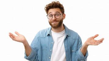A man with glasses and a beard is holding his hands out photo