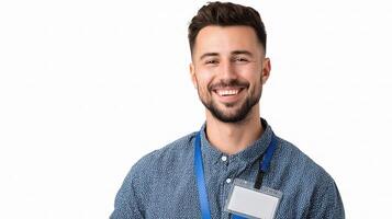 A man with a beard and blue shirt is smiling photo