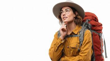 A woman with a backpack and hat is thinking photo