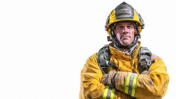 A firefighter in yellow and yellow uniform photo
