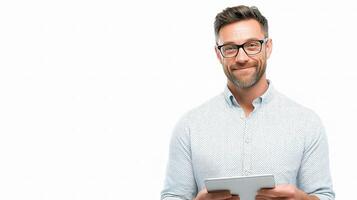A man with glasses and a shirt holding a tablet photo