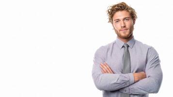 A man with a beard and tie standing with his arms crossed photo