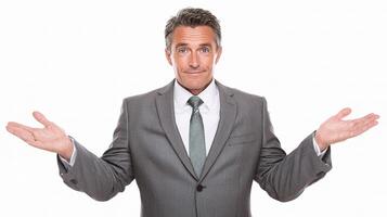 A man in a suit is holding his hands out photo