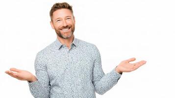A man is smiling and holding his hands out photo