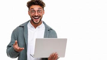 A man with glasses and a laptop is smiling photo