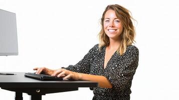 A woman is sitting at a computer and smiling photo