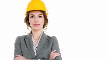 A woman in a hard hat and suit photo