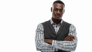 A man in a vest and shirt posing for the camera photo