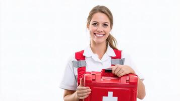 A woman in a red uniform holding a first aid kit photo