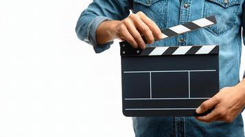 A man holding a clapper board on a white background photo