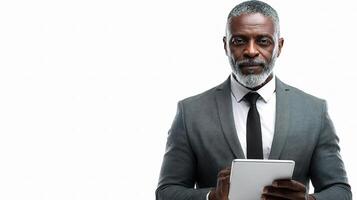 An older black man in a suit and tie holding a tablet photo