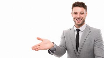 A smiling man in a suit is holding out his hand photo