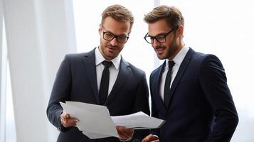 Two men in suits looking at paperwork photo