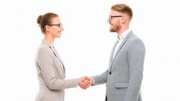 Two people shaking hands in front of a white background photo