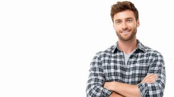 A man in a plaid shirt is smiling photo