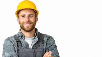 A smiling man in overalls with a hard hat photo