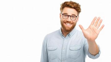 A man with glasses and a beard is waving his hand photo