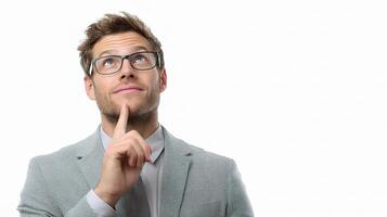 A man in glasses is thinking about something photo