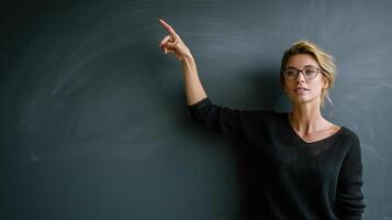 A woman in glasses pointing at a chalkboard photo