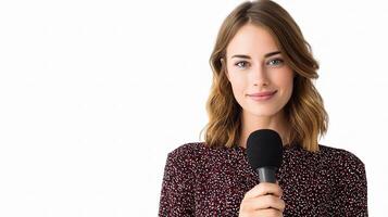 A woman holding a microphone and smiling photo