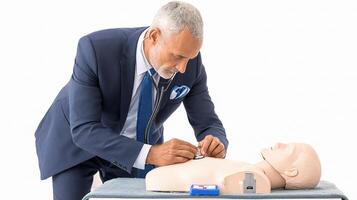 A man in a suit is checking the cpr on a dummy photo