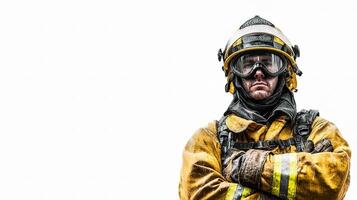 A firefighter in a helmet and gear photo