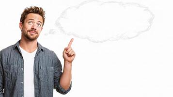 A man is pointing to a thought bubble photo