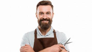 A bearded man with scissors in his hand photo