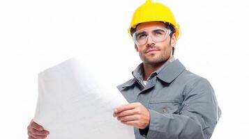 A man in a hard hat holding a blueprint photo