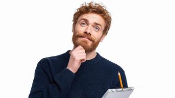 A man with a beard and a pen is holding a notepad and looking up photo
