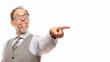 A man in a vest and tie pointing at something photo