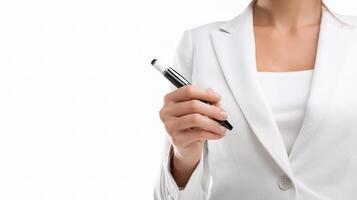A woman in a white suit holding a pen photo
