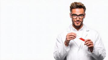 A man in a lab coat holding a red pen photo