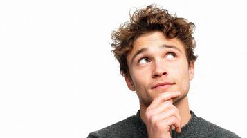 A man with curly hair looking up photo