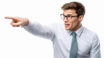 A man in a shirt and tie pointing at something photo