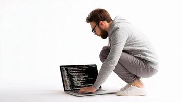A man crouching down on the floor with a laptop photo