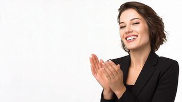 A woman in a business suit clapping her hands photo