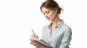 A woman is writing in a notebook photo