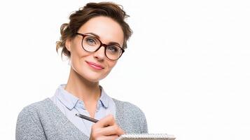 A woman with glasses holding a pen and writing on a notepad photo