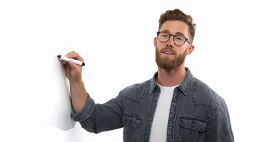 A man with glasses and beard writing on a white board photo