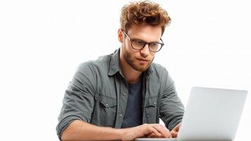 A man in glasses is working on a laptop photo