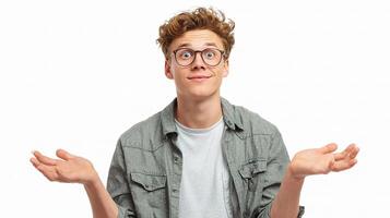 A young man with glasses is holding his hands out photo