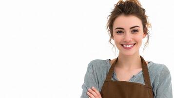 A smiling woman in an apron with her arms crossed photo