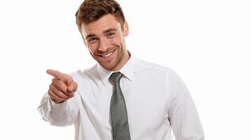 A man in a white shirt and tie pointing at something photo