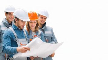 Three people in hard hats and hard hats looking at a blueprint photo