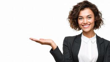 A woman in a business suit is holding something photo